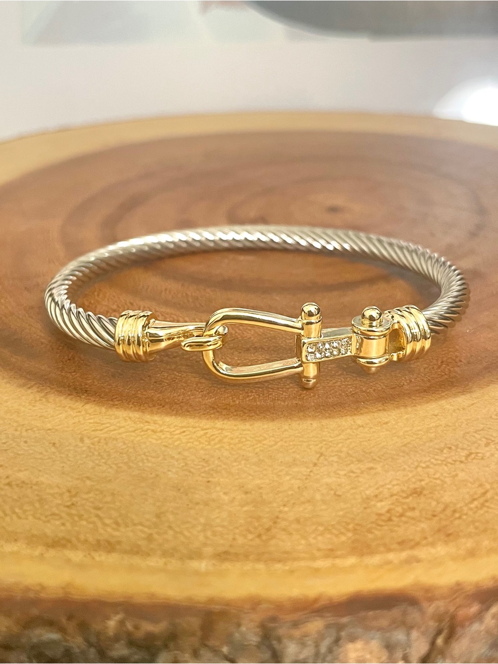 Two Tone Horsebit Designer Inspired Cable Open Bangle Bracelet NWOT